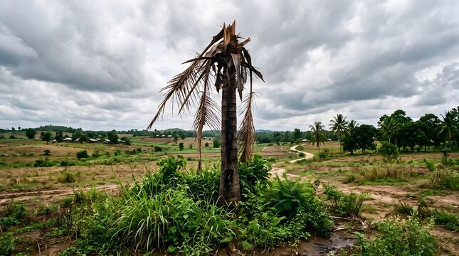 Damaged palm tree stands in a rural landscape under a cloudy sky