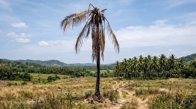 Palm tree with sparse fronds stands in a grassy field under a blue sky