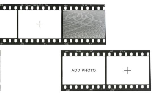 Vintage analog camera film strip layout with white mock up frames and negative photos on white background.