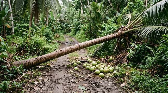 Fallen palm tree and scattered coconuts block a dirt pathway through lush vegetation