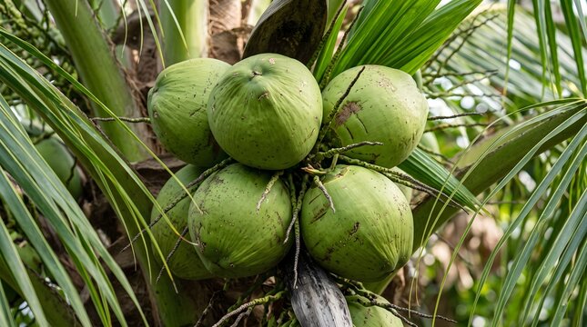 Green coconuts cluster on palm tree branches in a tropical setting