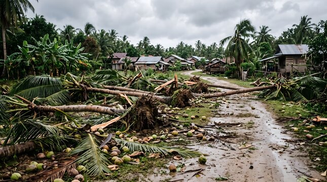 Fallen palm trees block a rural road after a tropical storm