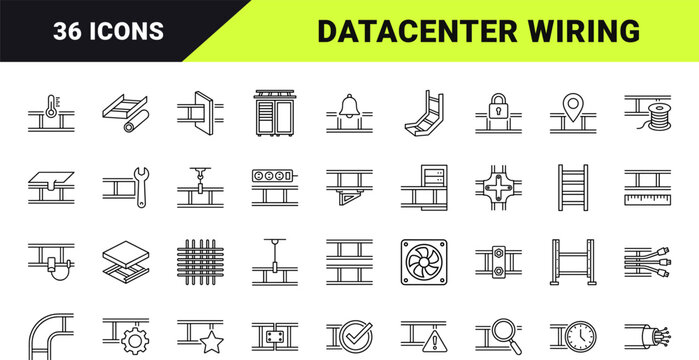 Cable Tray Fit Out Web Icon Set in Linear Style. Collection of data centre line icons, including infrastructure, wiring, containment, rack system, network, logistics.
