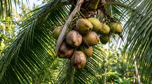Cluster of coconuts hangs from a palm tree branch in a tropical setting