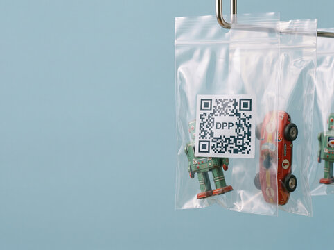 Vintage Toy Robot and Car in DPP QR Code Bags for Nostalgic Collectible Identification and Cataloging