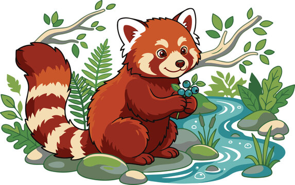 Cute cartoon red panda character holding berries by a river in the forest vector illustration