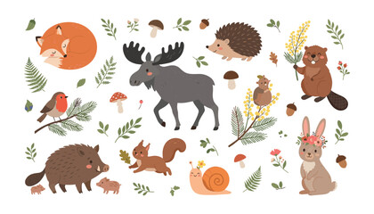 Fototapeta premium Cute woodland animals cartoon vector set with sleeping fox moose hedgehog beaver squirrel wild boar rabbit and forest plants