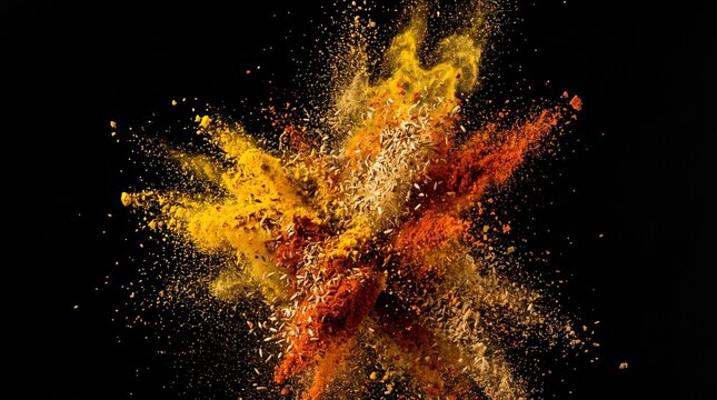 Vibrant explosion of colorful spices and seasoning powders in midair
