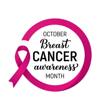 October breast cancer awareness month text inside pink circle with ribbon.