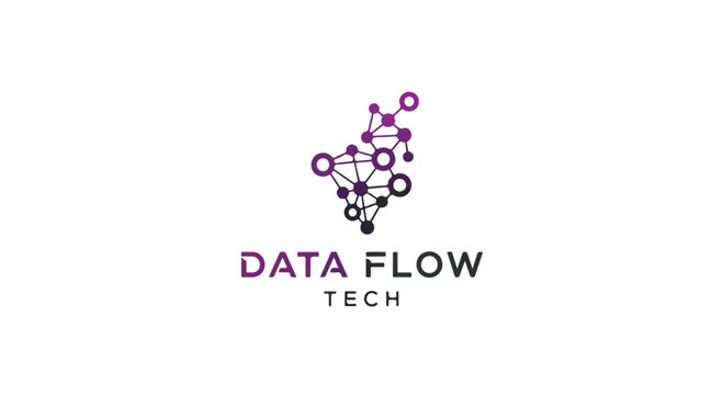 A logo for "DATA FLOW TECH" featuring an abstract network of connected nodes in purple and black, symbolizing data flow and technology.