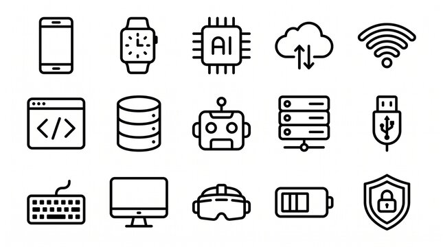 Modern Technology Icons Set Featuring Devices, AI, Cloud, and Security Concepts