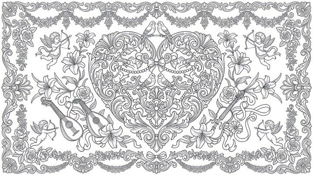 Intricate vintage line art featuring a central heart and cupids