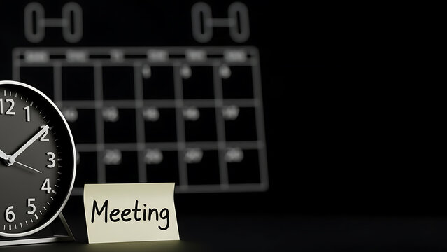 Analog clock face next to a calendar with a note labeled meeting time management business meeting monthly calend