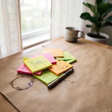 Styled messy desk with blank sticky notes and coffee ring