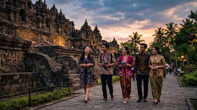 Group of Indonesian friends walking together near the ancient Borobudur temple at sunset.