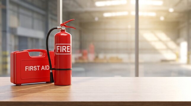 First aid kit and fire extinguisher prominently positioned on office desk, workplace setting, on blurred warehouse background, emphasizing emergency preparedness, occupational safety