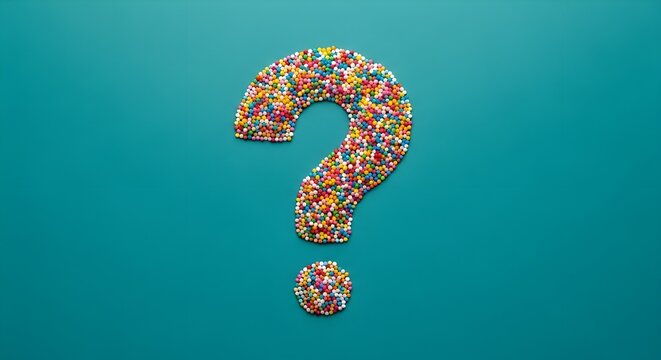 Colorful Question Mark Concept formed by vibrant multi-colored candy sprinkles on a teal background ideal for FAQ pages, educational content, and creative marketing campaigns.