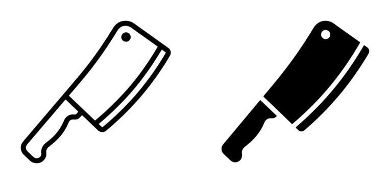 Butcher Knife Icons, Meat Cleaver Vector Graphics, Kitchen Utensil Symbols, Food Preparation Tools, Black and White Outline and Solid Fill