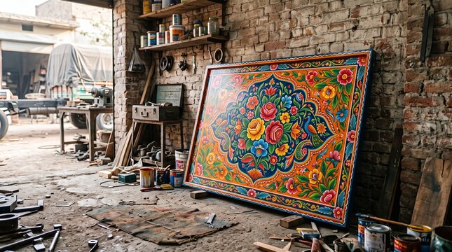 Finished truck art panel in workshop