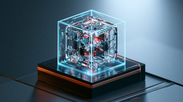 Futuristic glowing holographic cube with complex data core rotating on a metallic pedestal in soft blue light.