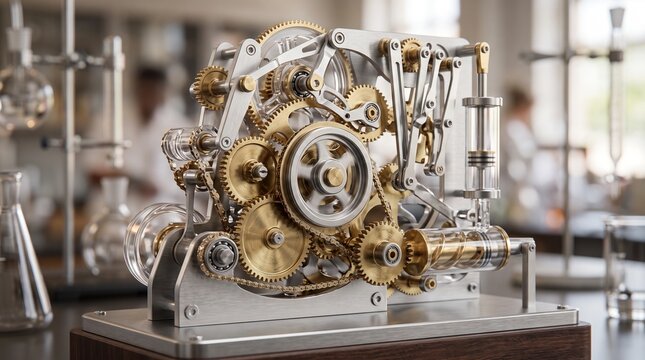 Intricate brass clockwork mechanism on laboratory table, vintage steampunk scientific instrument, complex metallic gears and cogs in research lab