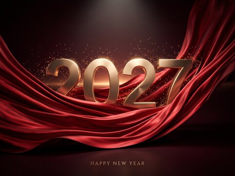 Golden 2027 3D numbers on elegant red silk fabric, luxury Happy New Year background, festive holiday celebration banner
