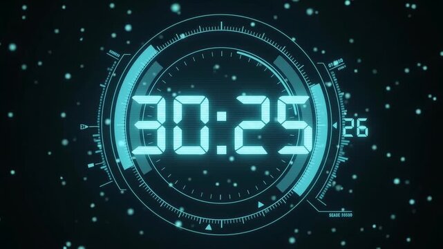 Clock interface showing thirty minutes and twenty-five seconds with futuristic cyan digital elements.