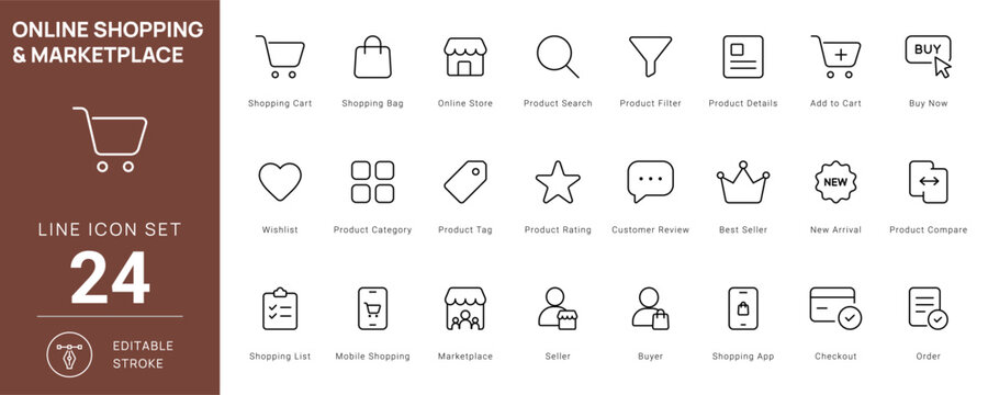 online shopping marketplace icon line style ecommerce retail editable stroke vector set