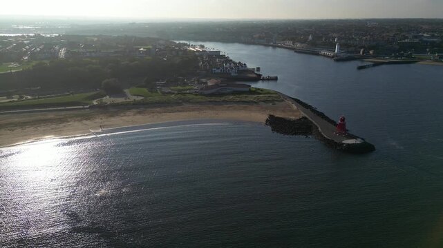 High Angle Drone Camera Footage of Newcastle upon Tyne Beach and Ocean. The Footage Was Captured at Just Before Sunset From Medium High Altitude From Sea Level on 13th October, 2025. 