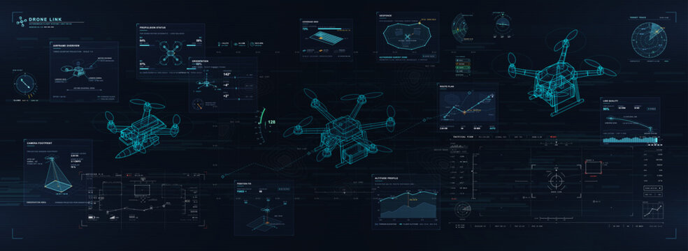 Futuristic drone control interface with 3D wireframe models of military quadcopters and FPV flight telemetry. Cyberpunk HUD dashboard with radar, route planning and camera view. Vector hud.