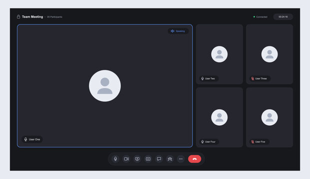 Video conference application interface template with user avatar grid placeholders, chat options, and calling control buttons. Dark UI software screen mockup for online team meetings. Vector UI, UX.