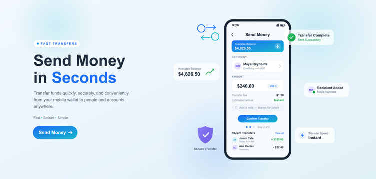 Online banking landing page template with smartphone mockup showing mobile money transfer application interface. Light web banner design with payment success popups. Vector dashboard with UI, UX.
