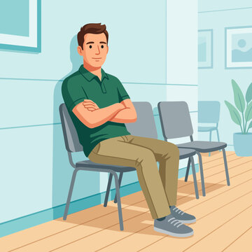 Man sitting in waiting room with arms crossed, illustration vector art