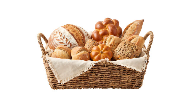 Assorted fresh artisan bread loaves in a woven wicker basket isolated on white