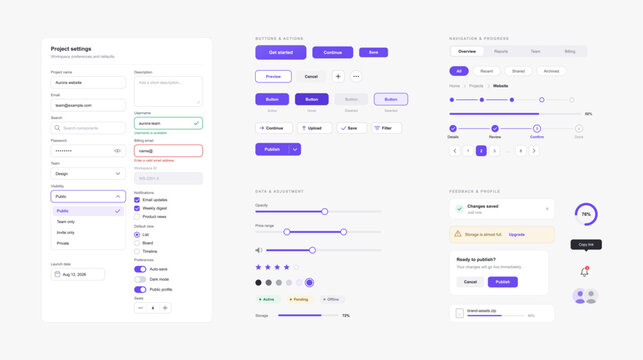 UI design elements collection with project settings form, buttons, navigation bars, sliders, and progress indicators. Modern light purple website dashboard layout components. Vector graphic box.
