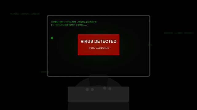 Computer monitor displaying a red virus detected warning message with glitching digital interface and cybersecurity threat analysis