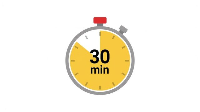 Stopwatch icon showing thirty minutes countdown with a yellow face against white background.