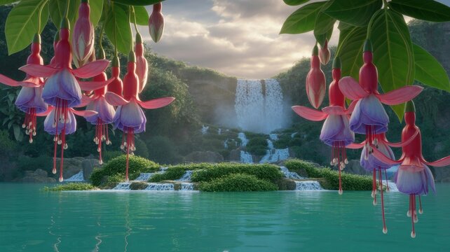 Vibrant Fuchsia Flowers Hanging Over Crystal Clear Green Water With Beautiful Misty Waterfall Background