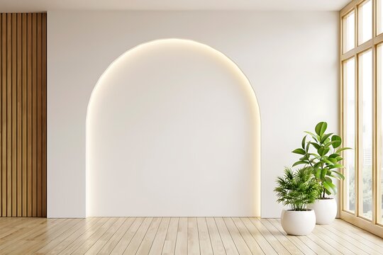 Empty Modern Room Interior with Backlit Arch Niche and Wooden Slat Wall