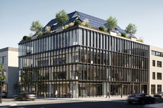 Modern Eco-Friendly Office Building with Solar Panels and Rooftop Garden in Urban Setting, Bright Daylight Illuminating Glass Facade, People Walking Nearby, Sleek Architectural Design, Capturing