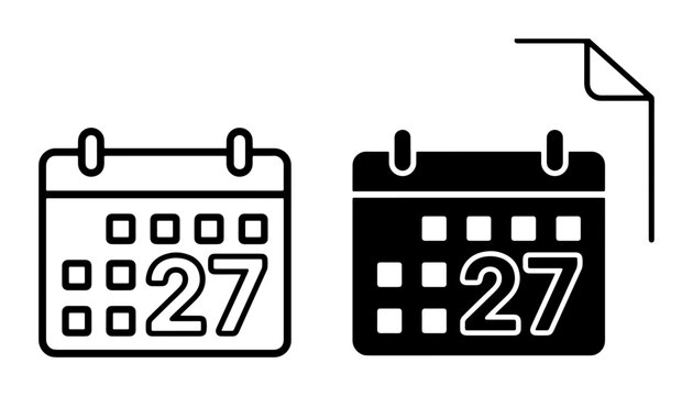 Calendar Icons Set, Date Reminder Symbols, Schedule Planning Graphics, 27th Day Marker, Vector Art