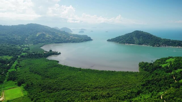 Aerial view of the sea coastline near the town of Paraty in Brazil