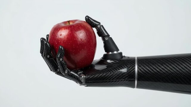 Bionic Assistive Prosthetic Robotic Hand Device Holding Red Apple with Precision, Advanced Mobility Support and Human Centered Technology