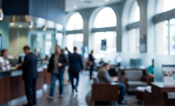 a blurred interior view of a modern bank or financial institution, showcasing customers interacting with staff and each other in a professional environment