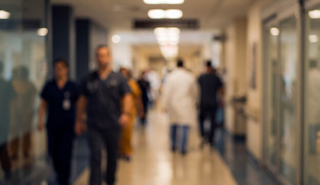 busy hospital corridor with healthcare professionals walking and interacting, showcasing the hustle and bustle of a medical environment.