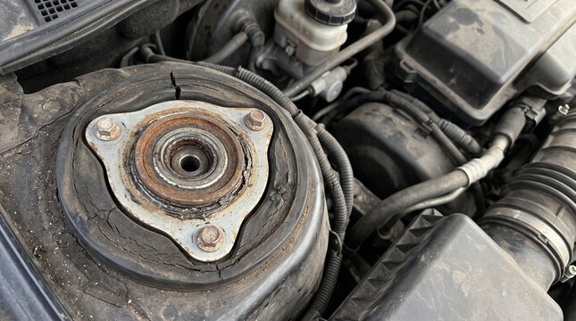 Worn car suspension strut mount with rust in an open vehicle engine bay