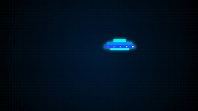 Glowing blue pixelated flying saucer spaceship digital art suitable for scifi themed projects, backgrounds, gaming, and technologyrelated designs.