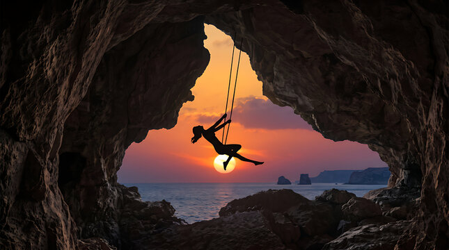 Silhouette Rock Climber Swinging on Rope Inside Sea Cave at Sunset Adventure Landscape