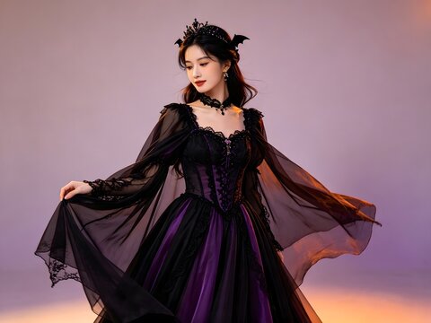 Elegant woman in gothic black gown and bat crown poses in studio