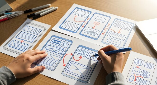 Professional UI UX Design Process featuring hands sketching mobile application wireframes on paper, ideal for tech blogs, app development marketing, and creative agency websites.